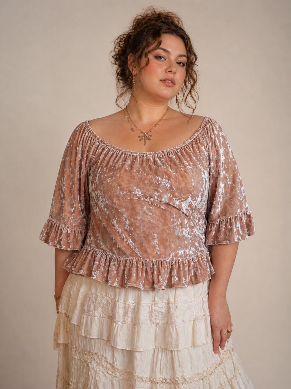 Sanctuary Crushed Velvet Top Blush Pink Stretch Coquette Size L